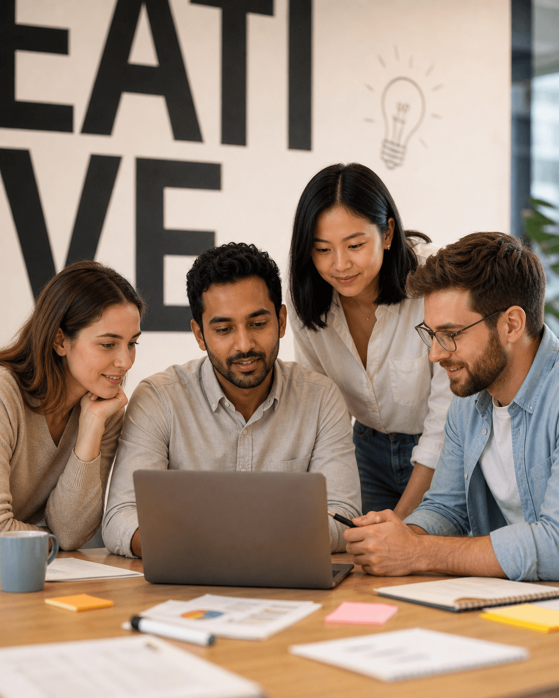Creative team collaborating around a laptop