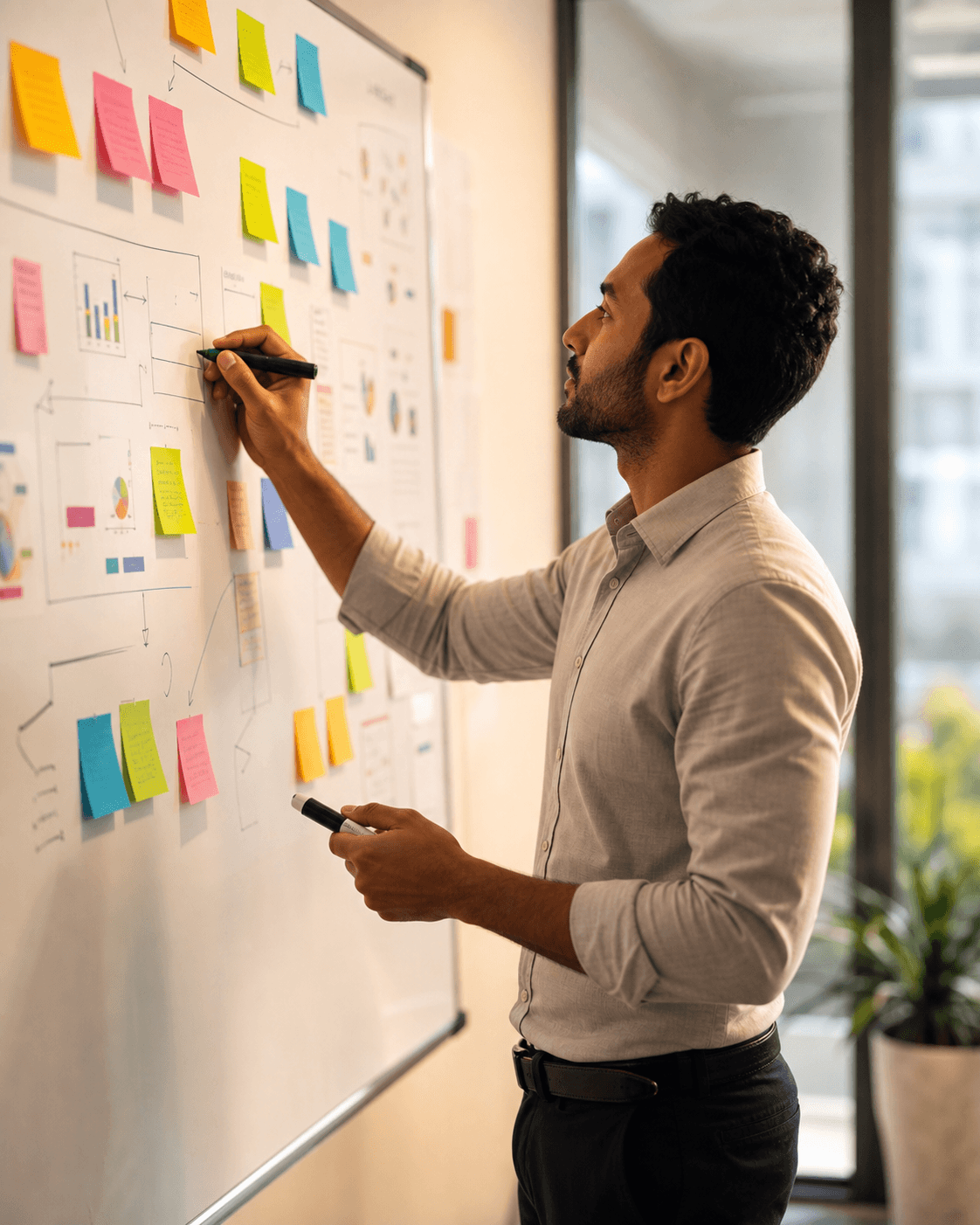 Business presenter planning at a whiteboard