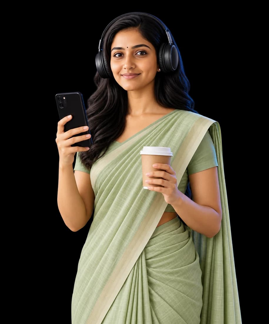 Indian woman in a saree using social media on a smartphone
