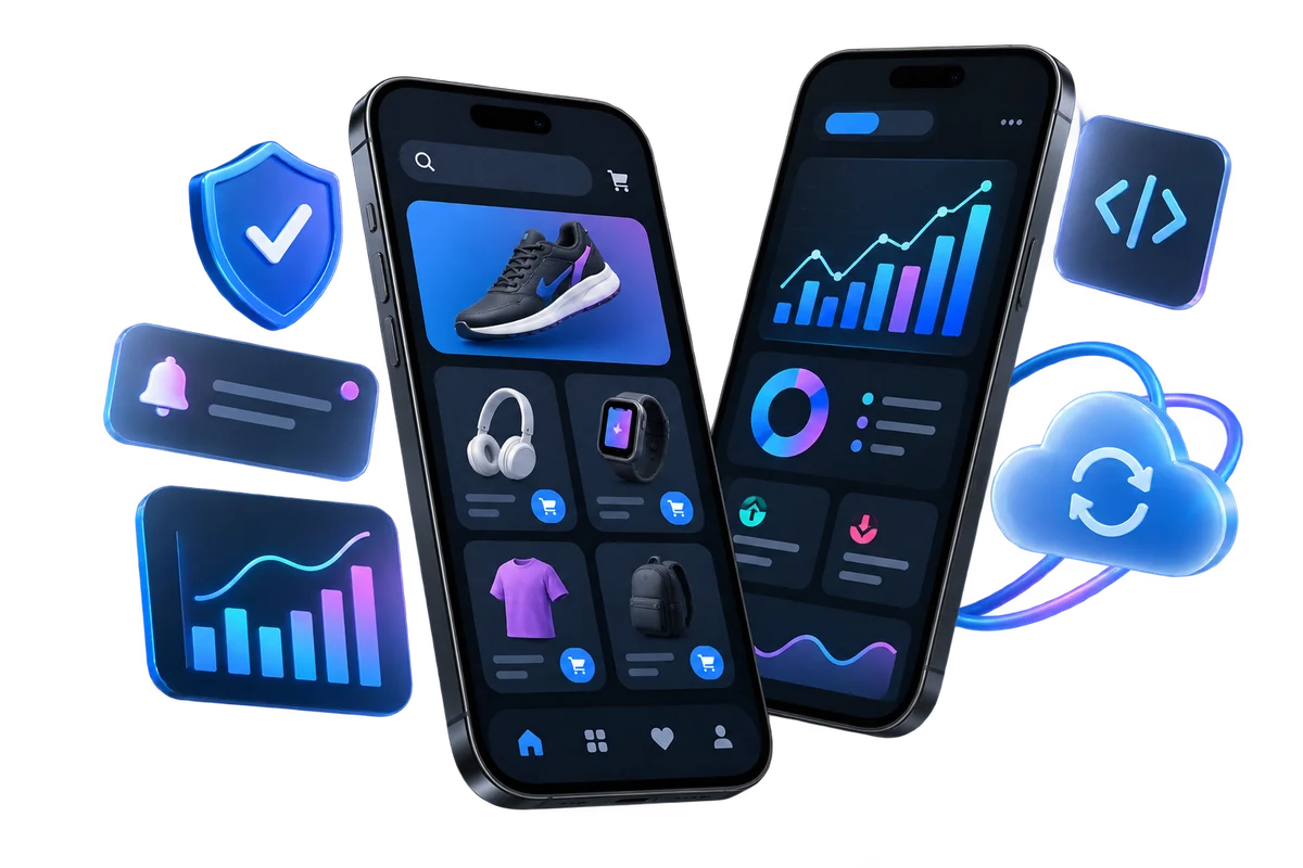 Mobile commerce and analytics apps with security, code, notification, and cloud components