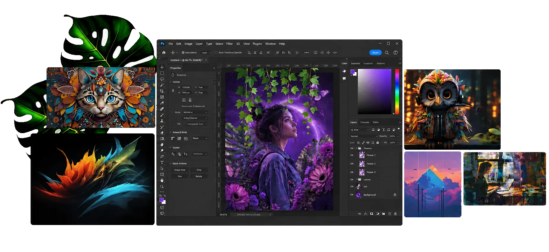 Graphic design workspace featuring a fantasy portrait and a colorful collection of digital artworks
